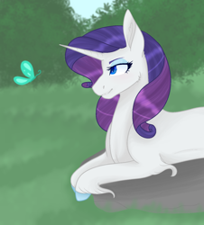 Size: 1224x1351 | Tagged: safe, artist:wispyaxolotl, rarity, butterfly, pony, unicorn, g4, female, lying down, mare, prone, solo, unshorn fetlocks