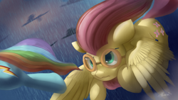 Size: 4038x2271 | Tagged: safe, artist:auroriia, fluttershy, rainbow dash, pegasus, pony, g4, hurricane fluttershy, badass, duo, female, flutterbadass, flying, goggles, mare, scene interpretation, spread wings, windswept mane, wings