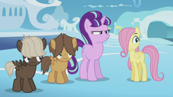 Size: 1920x1080 | Tagged: safe, screencap, dumbbell, fluttershy, hoops, starlight glimmer, pegasus, pony, unicorn, g4, the cutie re-mark, colt, confused, female, filly, filly fluttershy, male, mare, s5 starlight, younger