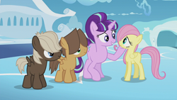 Size: 1920x1080 | Tagged: safe, screencap, dumbbell, fluttershy, hoops, starlight glimmer, pegasus, pony, unicorn, g4, the cutie re-mark, colt, female, filly, filly fluttershy, male, s5 starlight, younger