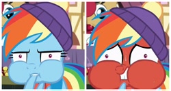 Size: 3264x1737 | Tagged: safe, edit, edited screencap, screencap, rainbow dash, pegasus, pony, best gift ever, g4, triple pony dare ya, biting, clothes, female, impatient, mare, puffy cheeks, red face, scarf, solo focus, sweat, wing bite, winter outfit, wtf
