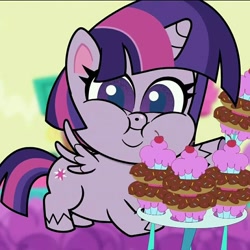 Size: 1080x1080 | Tagged: safe, edit, screencap, twilight sparkle, alicorn, pony, g4.5, my little pony: pony life, pie vs. pie, adorafatty, chubby cheeks, cropped, cupcake, cute, donut, dough-cup-pop, eating, fat, female, food, looking at you, mare, obese, twilard sparkle, twilight sparkle (alicorn)