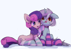 Size: 4144x2871 | Tagged: safe, artist:lexiedraw, bon bon, lyra heartstrings, sweetie drops, earth pony, pony, unicorn, g4, adorabon, clothes, collar, cute, duo, female, high res, lesbian, licking, licking lips, lyrabetes, mare, ship:lyrabon, shipping, simple background, smiling, socks, striped socks, tongue out, white background
