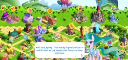 Size: 2312x1080 | Tagged: safe, gameloft, screencap, lyra heartstrings, mistmane, pony, unicorn, g4, candy, candy cane, clock tower, food, game screencap, magic mirror, ponyville, super speedy cider squeezy 6000, tree, twilight's castle