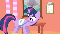 Size: 1920x1080 | Tagged: safe, screencap, twilight sparkle, pony, unicorn, g4, winter wrap up, boots, clothes, female, golden oaks library, mare, mouth hold, saddle, scarf, shoes, solo, tack, unicorn twilight