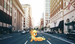 Size: 4224x2523 | Tagged: safe, artist:crazypinkamena, applejack, earth pony, human, pony, g4, bicycle, car, city, female, high res, irl, irl human, mare, photo, photoshop, ponies in real life, sitting, smiling, solo focus, street, traffic light