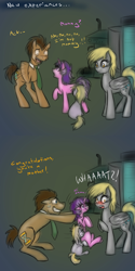 Size: 750x1500 | Tagged: safe, artist:jitterbugjive, amethyst star, derpy hooves, dinky hooves, doctor whooves, sparkler, time turner, earth pony, pegasus, pony, unicorn, ask discorded whooves, lovestruck derpy, g4, 2 panel comic, comic, dialogue, doctor who, female, male, mare, nervous, stallion, tardis, the doctor