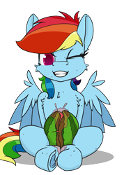 Size: 2700x3800 | Tagged: safe, artist:dacaoo, rainbow dash, pegasus, pony, g4, colored pupils, female, food, frog (hoof), grin, high res, hooves, looking at you, mare, one eye closed, simple background, sitting, smiling, solo, thigh crush, transparent background, underhoof, watermelon, watermelon crush, wings
