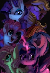 Size: 1471x2160 | Tagged: safe, artist:женьшеня, applejack, fluttershy, pinkie pie, rainbow dash, rarity, twilight sparkle, alicorn, earth pony, pegasus, pony, unicorn, g4, black background, eyes closed, female, floppy ears, looking at you, looking away, looking up, magic, mane six, mare, open mouth, simple background, smiling, smiling at you, twilight sparkle (alicorn)