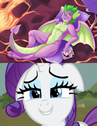 Size: 5100x6600 | Tagged: safe, artist:mlpfwb, edit, edited screencap, screencap, rarity, spike, dragon, g4, simple ways, absurd resolution, beach towel, belly button, commission, detailed background, dragon lands, female, full color, heart eyes, lava, lava pool, licking, licking lips, lotion, lying down, lying on the ground, magazine, male, older, older spike, relaxing, ship:sparity, shipping, shipping domino, smiling, spread wings, straight, stretching, stupid sexy spike, sun bathing, tail, tongue out, umbrella, vacation, warm, wingding eyes, winged spike, wings