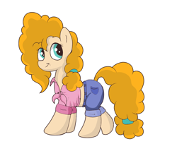 Size: 1400x1200 | Tagged: safe, artist:amateur-draw, pear butter, earth pony, pony, g4, clothes, cute, daisy dukes, denim shorts, female, front knot midriff, mare, midriff, shorts, simple background, solo, white background