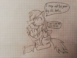 Size: 2304x1728 | Tagged: safe, artist:reicen, rainbow dash, scootaloo, pegasus, pony, g4, cute, dialogue, female, filly, floating heart, graph paper, heart, hug, mare, monochrome, pencil drawing, scootalove, sibling love, sisterly love, sketch, speech bubble, traditional art, winghug