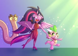 Size: 1280x931 | Tagged: safe, artist:mdragonflame, owlowiscious, spike, twilight sparkle, alicorn, bird, dragon, owl, anthro, plantigrade anthro, g4, spoiler:the owl house, boots, clothes, collar, cosplay, costume, crossover, dress, edalyn clawthorne, gem, heterochromia, high heel boots, hooty, king clawthorne, pantyhose, pet tag, shiny, shoes, skull, spoilers for another series, the owl house, titan costume, twilight sparkle (alicorn), witch costume