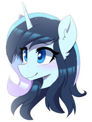 Size: 849x1122 | Tagged: safe, artist:puetsua, oc, oc only, oc:stardust stellar, pony, unicorn, bust, eye clipping through hair, female, horn, mare, portrait, simple background, smiling, solo, white background