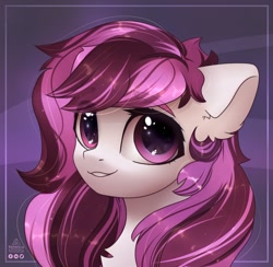 Size: 2062x2011 | Tagged: safe, artist:radioaxi, oc, oc only, pony, abstract background, bust, chest fluff, eye clipping through hair, female, high res, looking at you, mare, portrait, smiling, solo