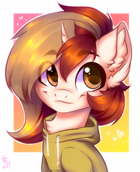 Size: 1300x1600 | Tagged: safe, artist:falafeljake, oc, oc only, pony, unicorn, abstract background, chest fluff, clothes, ear fluff, eye clipping through hair, eyebrows, eyebrows visible through hair, hoodie, looking at you, smiling, solo