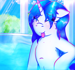 Size: 3128x2914 | Tagged: safe, artist:legionsunite, oc, oc only, oc:magenta pulse, pony, unicorn, semi-anthro, :p, arm hooves, female, high res, hot tub, mare, solo, tongue out, wet, wet mane