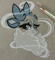 Size: 2391x2592 | Tagged: safe, artist:emberslament, velvet (tfh), them's fightin' herds, antlers, blushing, colored pencil drawing, colored pencils, community related, female, fluffy, high res, looking at you, monochrome, photo, snow, solo, traditional art