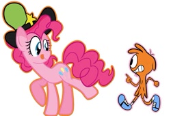 Size: 563x383 | Tagged: artist needed, safe, pinkie pie, g4, crossover, duo, hat, missing accessory, missing hat, pinkie being pinkie, simple background, sweet dreams fuel, tongue out, wander (wander over yonder), wander over yonder, wander's hat, white background