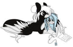 Size: 6459x4218 | Tagged: safe, artist:kireiinaa, oc, oc only, oc:alea, pegasus, pony, absurd resolution, feather, female, looking down, lying down, mare, mp3 player, pegasus oc, simple background, transparent background, wings
