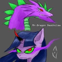 Size: 1024x1024 | Tagged: safe, artist:marky1212, artist:mrdragondeathclaw, spike, twilight sparkle, dragon, pony, g4, colored horn, colored sclera, corrupted, corrupted spike, corrupted twilight sparkle, curved horn, dark magic, dark twilight, dark twilight sparkle, darklight, darklight sparkle, duo, evil spike, evil twilight, gray background, green sclera, horn, magic, older, older spike, possessed, possession, simple background, sombra eyes, sombra horn