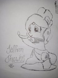 Size: 2976x3968 | Tagged: safe, artist:vani lakshmi, oc, oc only, oc:saffron showers, earth pony, pony, abhiyaan seaponycon, project seaponycon, diya, female, high res, lineart, mare, monochrome, pencil drawing, project saffron, sitting, smiling, solo, traditional art