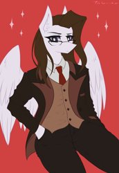 Size: 2747x4000 | Tagged: safe, artist:taleriko, oc, oc only, oc:lane dark, pegasus, anthro, clothes, female, glasses, necktie, solo, suit, three piece suit