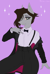 Size: 2747x4000 | Tagged: safe, artist:taleriko, oc, oc only, oc:taleriko, earth pony, anthro, bowtie, clothes, female, high res, purple background, simple background, solo