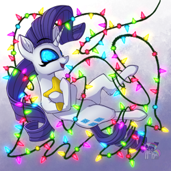 Size: 850x850 | Tagged: safe, artist:calena, rarity, pony, unicorn, g4, 2020, adorable face, christmas, christmas lights, cute, ear fluff, floating, happy, holiday, hug, lights, pillow, pillow hug, solo, tied