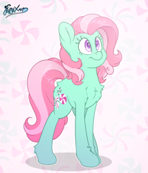 Size: 3000x3500 | Tagged: safe, artist:fluffyxai, minty, earth pony, pony, g3, abstract background, chest fluff, cute, female, high res, mare, mintabetes, smiling, solo