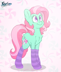 Size: 3000x3500 | Tagged: safe, artist:fluffyxai, minty, earth pony, pony, g3, abstract background, accessory, chest fluff, clothes, cute, female, fluffy, high res, mare, mintabetes, smiling, socks, solo, striped socks, that pony sure does love socks
