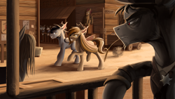 Size: 4000x2250 | Tagged: safe, artist:klarapl, oc, oc only, bat pony, pony, bat pony oc, bat wings, commission, cowboy hat, hat, haystick, high res, mouth hold, poster, sand, stetson, town, western, wild west, wings