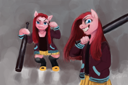 Size: 6000x4000 | Tagged: safe, artist:misstwipietwins, pinkie pie, earth pony, anthro, semi-anthro, g4, arm hooves, baseball bat, clothes, grin, pinkamena diane pie, smiling, solo