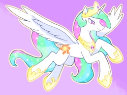 Size: 1024x768 | Tagged: safe, artist:makaroni923, princess celestia, alicorn, pony, g4, crown, female, flying, hoof shoes, jewelry, mare, pixiv, purple background, regalia, simple background, solo, spread wings, wings