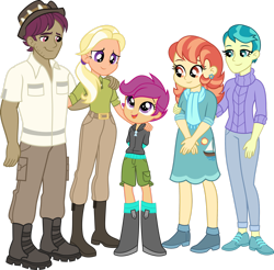 Size: 1920x1892 | Tagged: safe, artist:limedazzle, aunt holiday, auntie lofty, mane allgood, scootaloo, snap shutter, equestria girls, g4, belt, boots, clothes, commission, equestria girls-ified, family, female, hat, high heel boots, jeans, male, pants, shoes, show accurate, simple background, transparent background