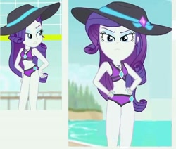 Size: 720x610 | Tagged: safe, artist:grandescartoons, edit, edited screencap, screencap, rarity, equestria girls, equestria girls series, forgotten friendship, g4, 1000 hours in ms paint, beach shorts swimsuit, bikini, breasts, clothes, frown, geode of shielding, glare, hat, lidded eyes, looking at you, magical geodes, midriff, rarity's beach shorts swimsuit, rarity's purple bikini, solo, sun hat, swimsuit, swimsuit edit