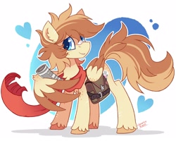 Size: 2500x2000 | Tagged: safe, artist:liquorice_sweet, oc, oc only, pegasus, pony, abstract background, bag, clothes, eye clipping through hair, high res, newspaper, saddle bag, scarf, smiling, solo, wing hold
