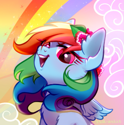 Size: 771x780 | Tagged: safe, artist:rrd-artist, part of a set, rainbow dash, pegasus, pony, g4, abstract background, bust, chest fluff, female, flower, flower in hair, lidded eyes, looking at you, mare, open mouth, portrait, rainbow, small wings, smiling, solo, wings