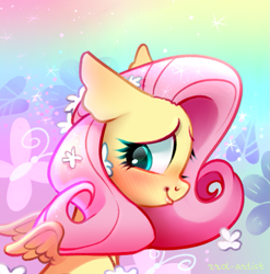 Size: 771x780 | Tagged: safe, artist:rrd-artist, part of a set, fluttershy, pegasus, pony, g4, abstract background, blushing, bust, cute, female, flower, flower in hair, looking away, looking down, mare, portrait, profile, shyabetes, small wings, smiling, solo, spread wings, wings
