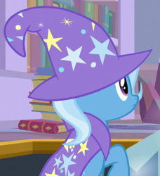 Size: 749x821 | Tagged: safe, screencap, trixie, pony, unicorn, g4, the ending of the end, cape, clothes, cropped, hat, raised hoof, solo, trixie's cape, trixie's hat