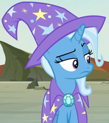 Size: 894x1006 | Tagged: safe, screencap, trixie, pony, unicorn, g4, to change a changeling, cape, clothes, cropped, hat, trixie is not amused, trixie's cape, trixie's hat, unamused