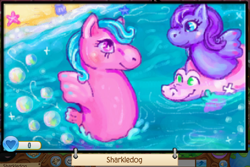 Size: 932x623 | Tagged: safe, artist:sharkledog, oc, oc only, pony, sea pony, g1, beach, duo, floaty, inner tube, pool toy, water