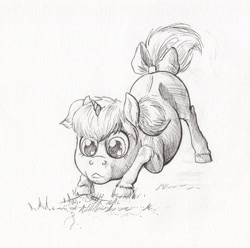 Size: 2000x1986 | Tagged: safe, artist:lady-limule, oc, oc only, oc:windy sky, pony, unicorn, bow, female, filly, grayscale, horn, inktober 2017, looking down, monochrome, solo, tail bow, traditional art, unicorn oc