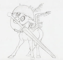 Size: 2000x1930 | Tagged: safe, artist:lady-limule, oc, oc only, pegasus, pony, colt, grayscale, helmet, inktober 2017, male, monochrome, mouth hold, pegasus oc, solo, sword, traditional art, weapon, wings