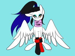 Size: 1600x1200 | Tagged: safe, artist:minelvi, oc, oc only, pegasus, pony, blue background, clothes, eyelashes, heterochromia, mouth hold, pegasus oc, sign, simple background, socks, solo, spread wings, wings