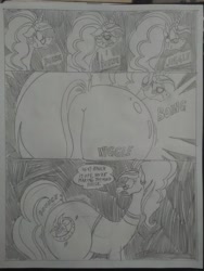 Size: 1944x2592 | Tagged: safe, artist:princebluemoon3, oc, oc:glimmering scones, pony, unicorn, comic:the chaos within us, annoyed, black and white, boing, butt, canterlot, canterlot castle, castle, clothes, comic, commissioner:bigonionbean, cutie mark, dialogue, embarrassed, extra thicc, female, flank, frustrated, fusion, fusion:moondancer, fusion:saffron masala, fusion:sweet biscuit, glasses, grayscale, hallway, horn, huddle, jiggle, mare, monochrome, plot, talking to herself, the ass was fat, traditional art, trotting, writer:bigonionbean