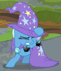 Size: 849x988 | Tagged: safe, screencap, trixie, pony, unicorn, a horse shoe-in, g4, cape, clothes, cropped, eyes closed, hat, trixie's cape, trixie's hat