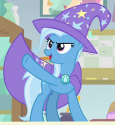 Size: 678x738 | Tagged: safe, screencap, trixie, pony, unicorn, a horse shoe-in, brooch, cape, clothes, cropped, hat, jewelry, open mouth, trixie's brooch, trixie's cape, trixie's hat