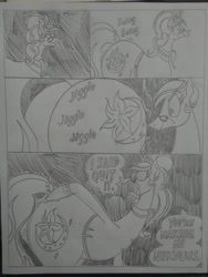 Size: 1944x2592 | Tagged: safe, artist:princebluemoon3, oc, oc:glimmering scones, pony, unicorn, comic:the chaos within us, annoyed, black and white, boing, butt, canterlot, canterlot castle, castle, clothes, comic, commissioner:bigonionbean, cutie mark, dialogue, embarrassed, extra thicc, female, flank, frustrated, fusion, fusion:moondancer, fusion:saffron masala, fusion:sweet biscuit, glasses, grayscale, hallway, horn, huddle, jiggle, mare, monochrome, plot, talking to herself, the ass was fat, traditional art, trotting, writer:bigonionbean