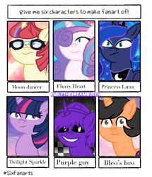 Size: 1080x1258 | Tagged: safe, artist:salinelime, moondancer, princess flurry heart, princess luna, twilight sparkle, alicorn, pony, unicorn, g4, black sclera, bust, crossover, ethereal mane, female, five nights at freddy's, glasses, grin, hair over one eye, jewelry, male, mare, peytral, ponified, purple guy, six fanarts, smiling, stallion, starry mane, tiara, unicorn twilight